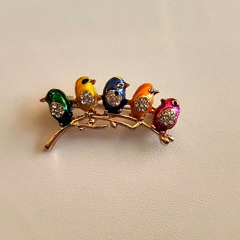Birds On Branch Brooch Simulated Diamonds